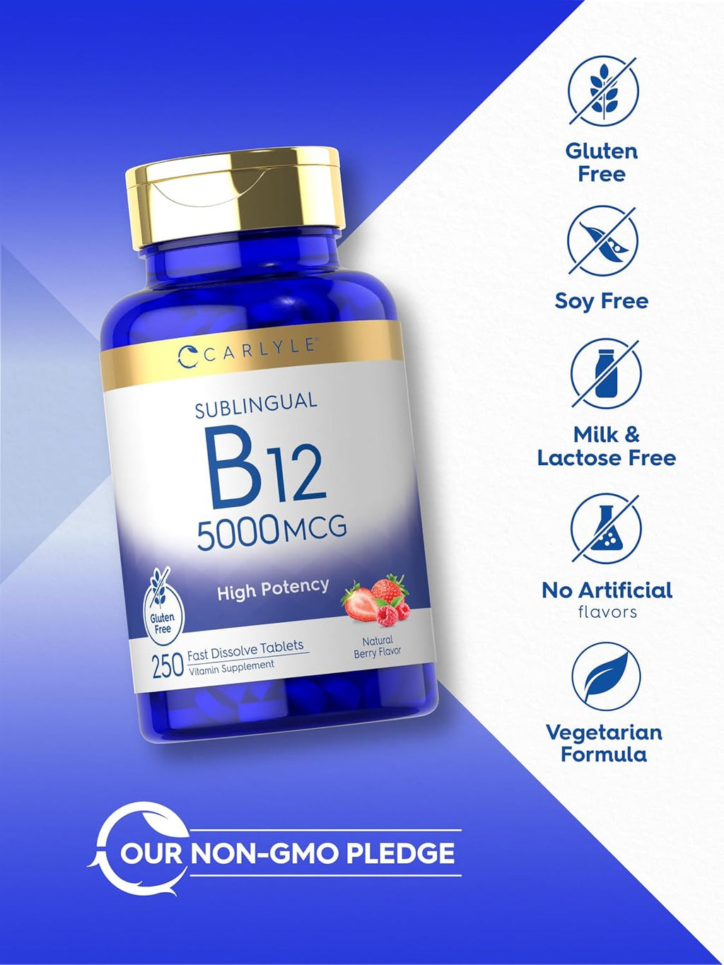 Carlyle Vitamina B12 5000 mcg Sublingual - 250 Comprimidos de Disolución Rápida, Sabor Natural a Bayas, Vegano y Sin Gluten