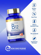 Carlyle Vitamina B12 5000 mcg Sublingual - 250 Comprimidos de Disolución Rápida, Sabor Natural a Bayas, Vegano y Sin Gluten