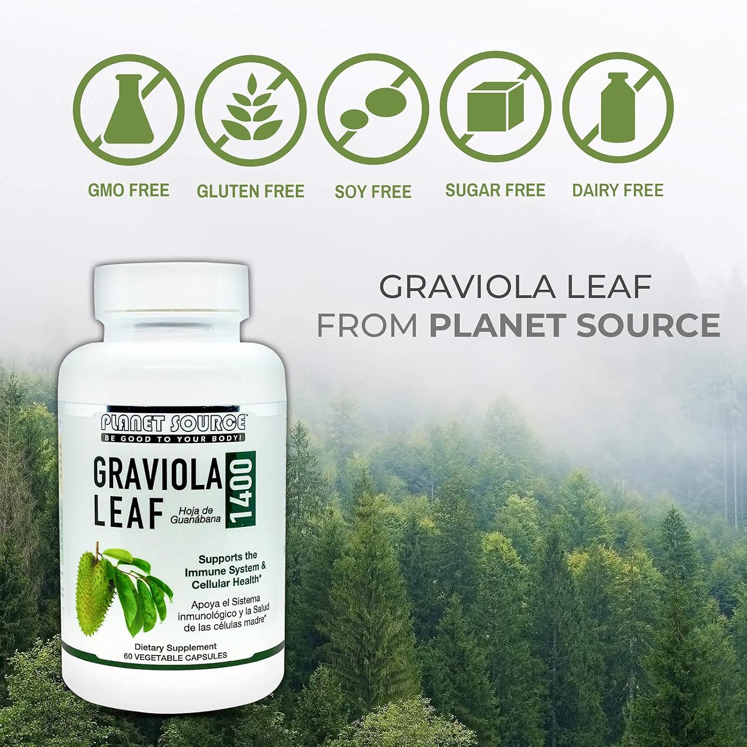 Planet Source Graviola Leaf (Annona muricata) - 1400 mg - 60 Cápsulas Vegetales