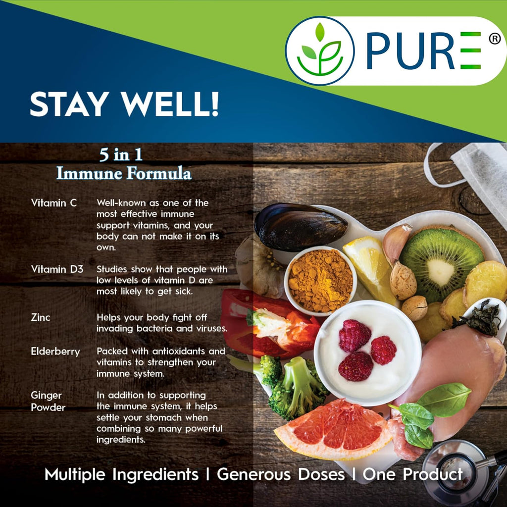 PURE 5 en 1 Fórmula Inmunitaria - 120 Cápsulas - Saúco Negro, Vitamina C, Vitamina D3, Zinc y Jengibre