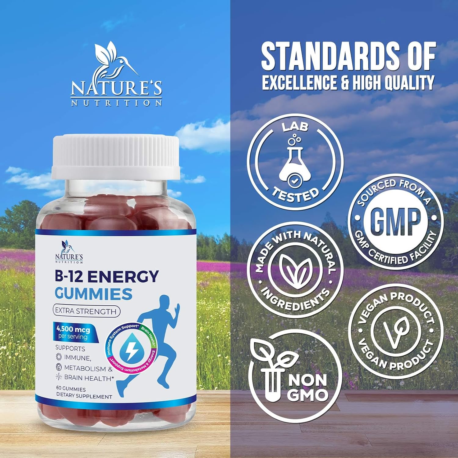 B12 Energy Gummies - 4500 mcg de Vitamina B12 por Dosis - Gominolas para Energía y Sistema Inmunológico - Sabor Natural a Bayas - 60 Gominolas