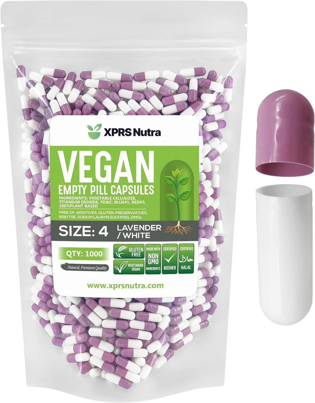 XPRS Nutra Cápsulas Vacías Size 4 - 1000 uds - Cápsulas Veganas Pequeñas para Rellenar (Lavanda/Blanco)