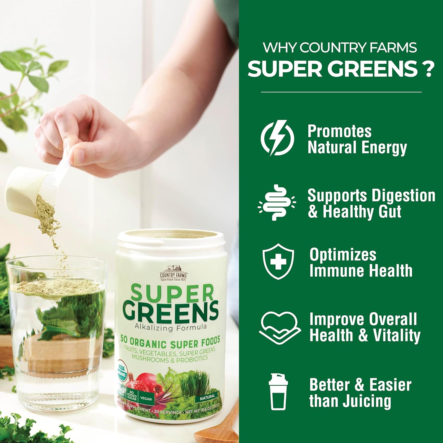 Country Farms Super Greens Sabor Natural, 50 Superalimentos Orgánicos, USDA Organic, Mezcla de Verduras, Frutas, con Fibra, Hongos y Probióticos, Apoya la Energía, 60 Porciones, 900g