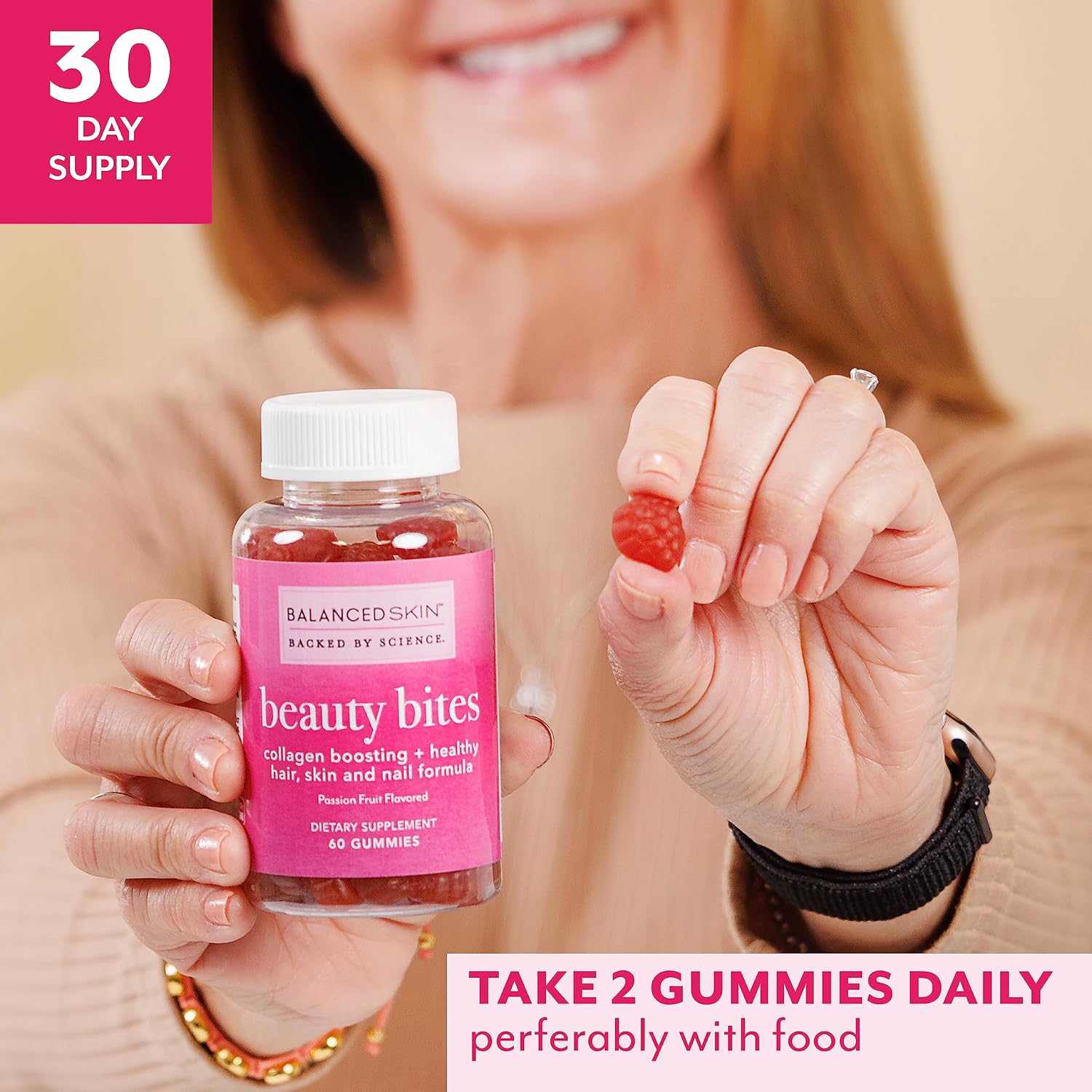 Beauty Bites Gominolas de Biotina - Suplemento para Cabello, Piel y Uñas con 6000 mcg de Biotina, Colágeno y Vitaminas - Sabor a Maracuyá