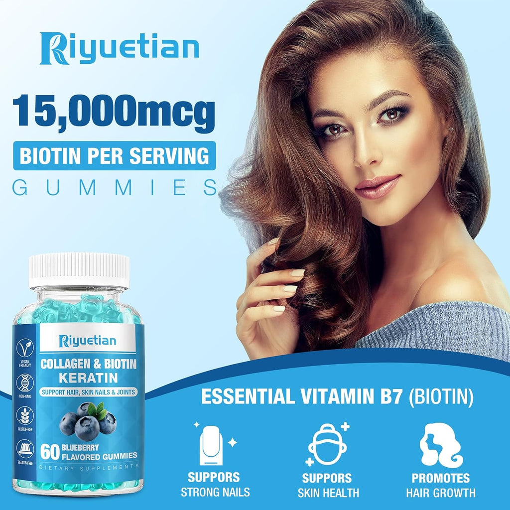 Riyuetian Biotin Gummies 15000mcg con Colágeno - Gomitas para Cabello, Piel y Uñas - Vegano, Sin OGM - 60 unidades