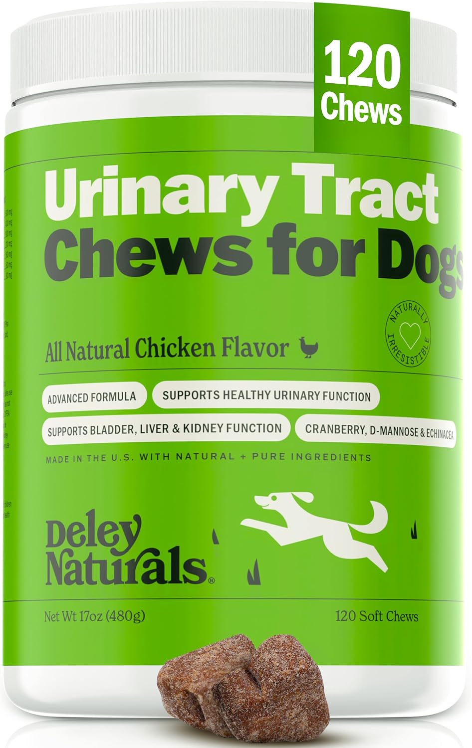 Deley Naturals Complemento Urinario para Perros - Snacks de Cranberry - Apoyo a la Vejiga y Salud Renal - 120 Snacks Sabor Pollo