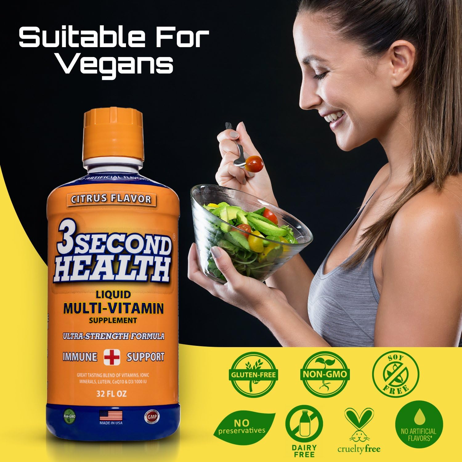3 Second Health Multivitamínico Líquido - Vegano, Sin Gluten, Sin Soja, 32 Dosis