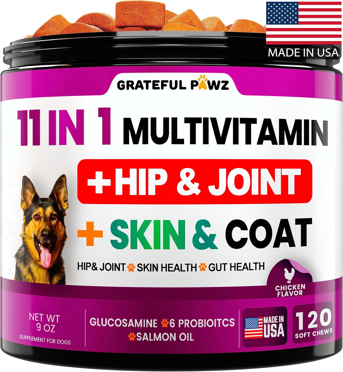 Grateful Pawz Multivitamínico Masticable 11 en 1 para Perros con Glucosamina y Probióticos