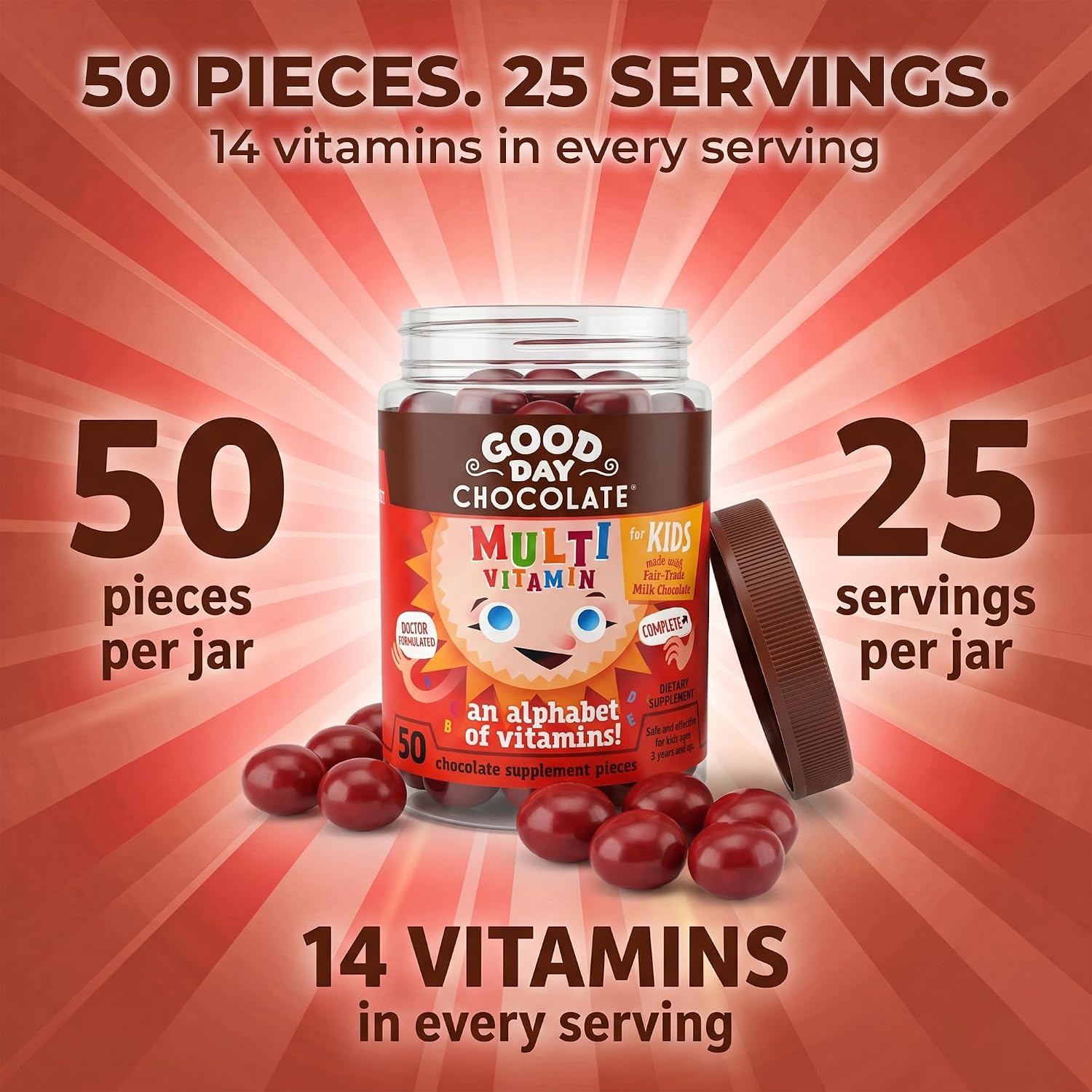 Good Day Chocolate Multivitamínico Completo para Niños – Suplemento Diario con Vitaminas A, B6, B12, C, D, E, Folato y Biotina, Chocolate de Comercio Justo y Sin OGM, 50 Piezas