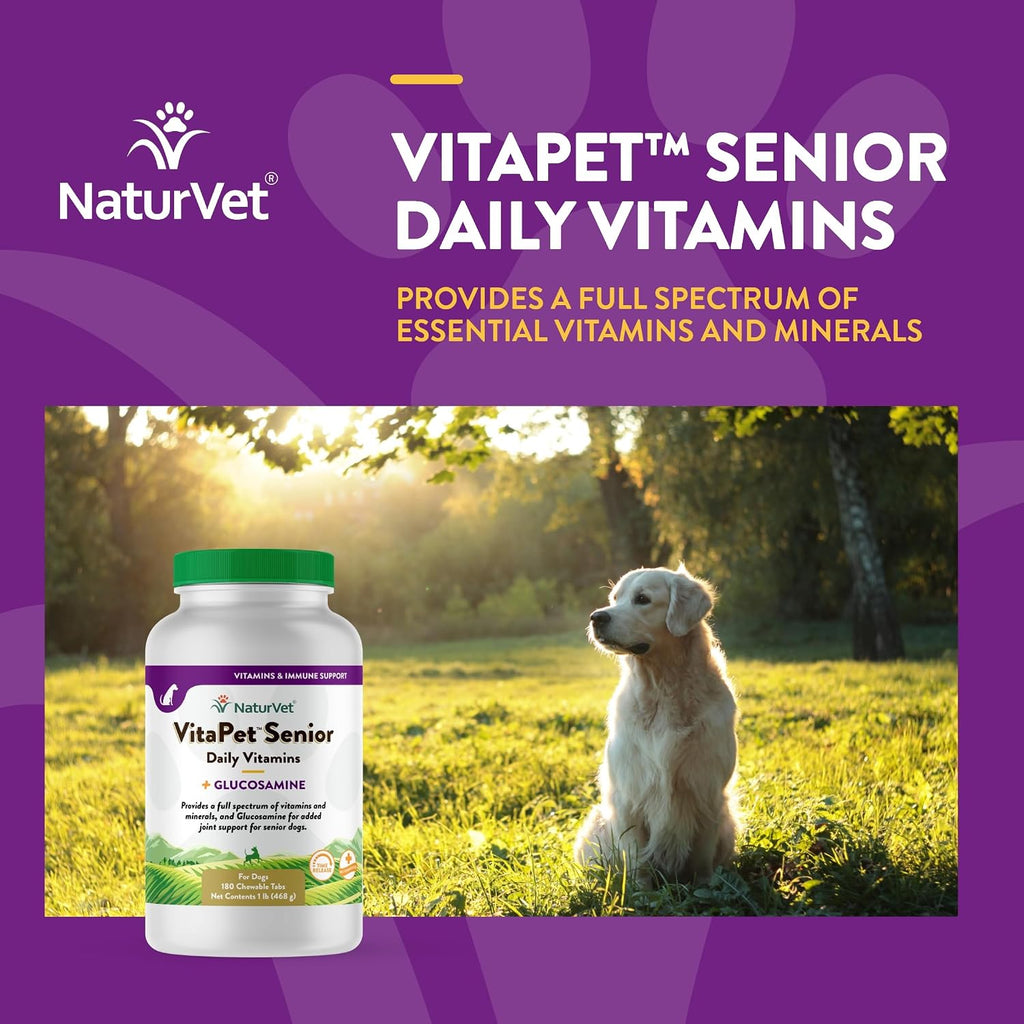 NaturVet VitaPet Senior Daily Vitamins Plus Glucosamine - 180 Comprimidos Masticables para Perros Mayores