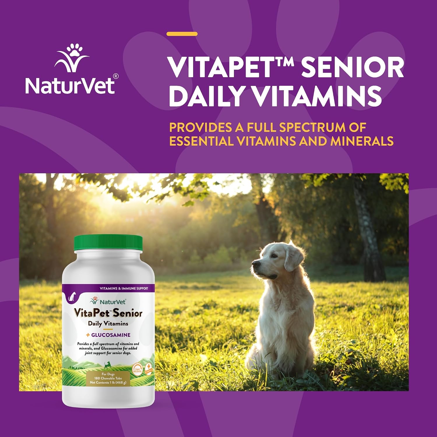 NaturVet VitaPet Senior Daily Vitamins Plus Glucosamine - 180 Comprimidos Masticables para Perros Mayores