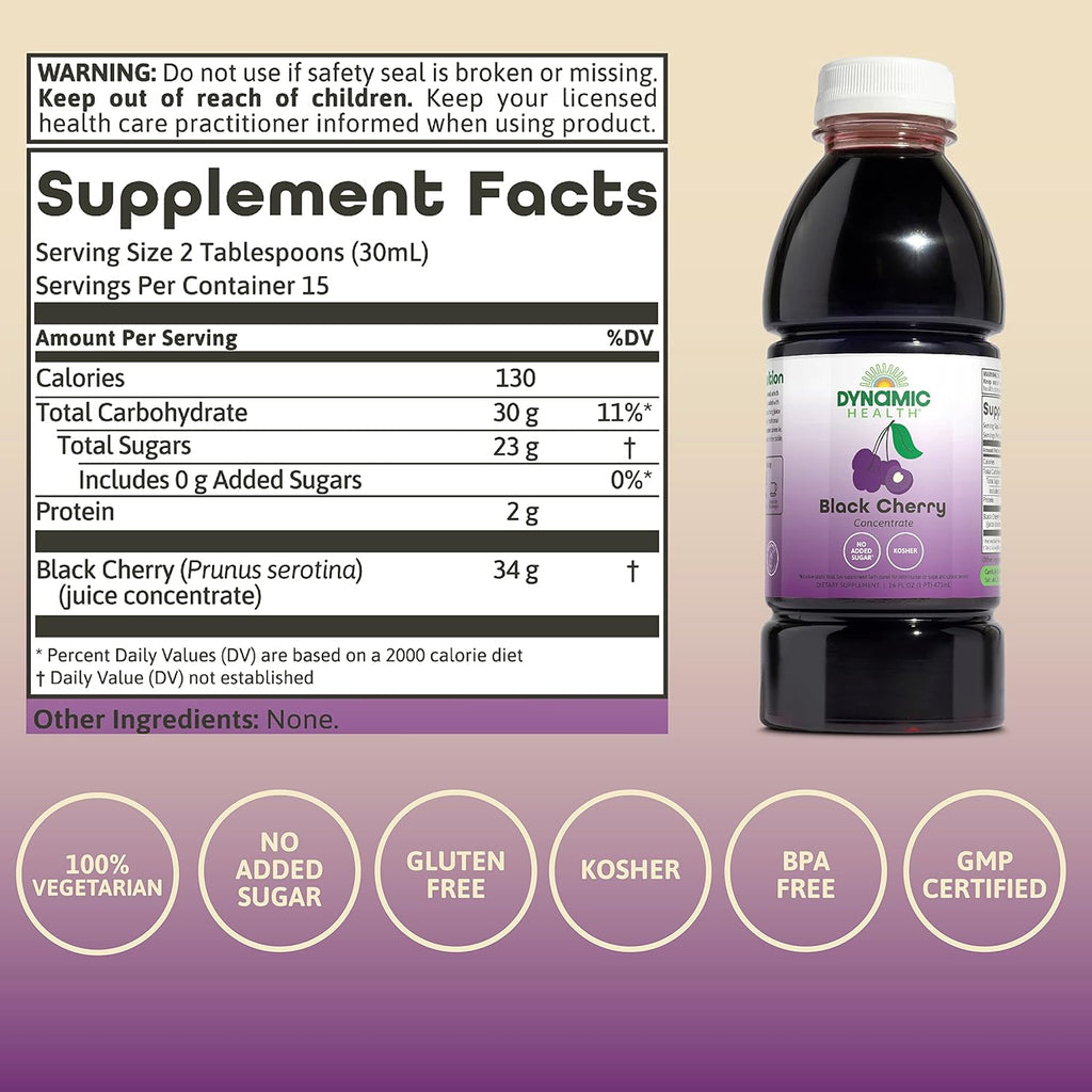 Dynamic Health - Concentrado 100% Puro de Zumo de Cereza Negra, 473 ml