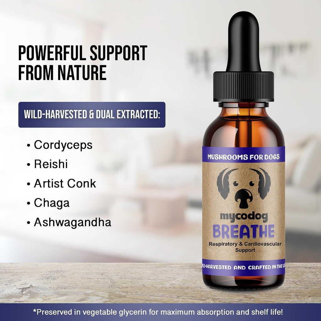 MycoDog Breathe - Gotas de apoyo respiratorio para perros - Confort respiratorio y salud de las vías respiratorias - Para Bulldogs Franceses, Pugs y razas de hocico plano - Mezcla natural de hongos y ashwagandha