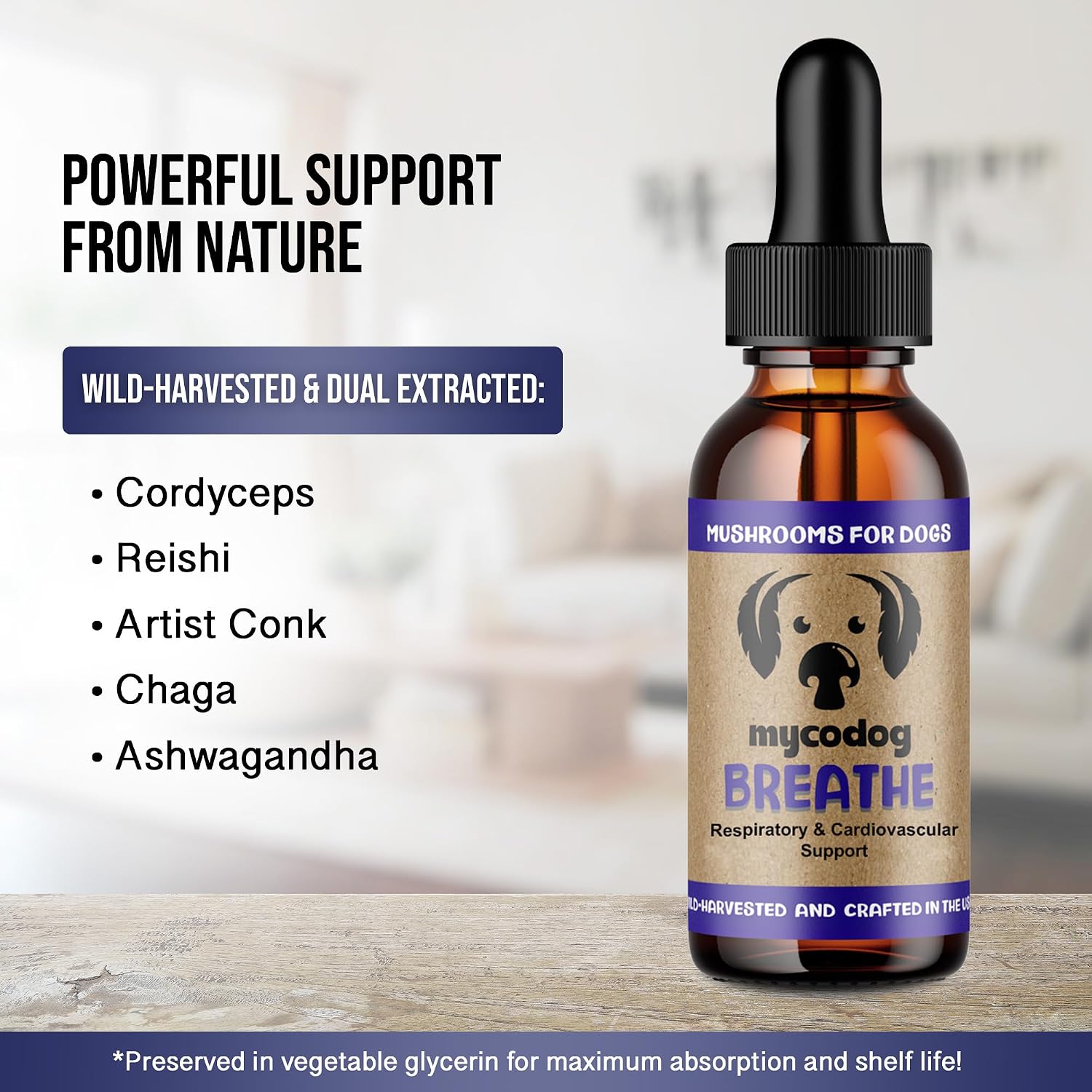 MycoDog Breathe - Gotas de apoyo respiratorio para perros - Confort respiratorio y salud de las vías respiratorias - Para Bulldogs Franceses, Pugs y razas de hocico plano - Mezcla natural de hongos y ashwagandha