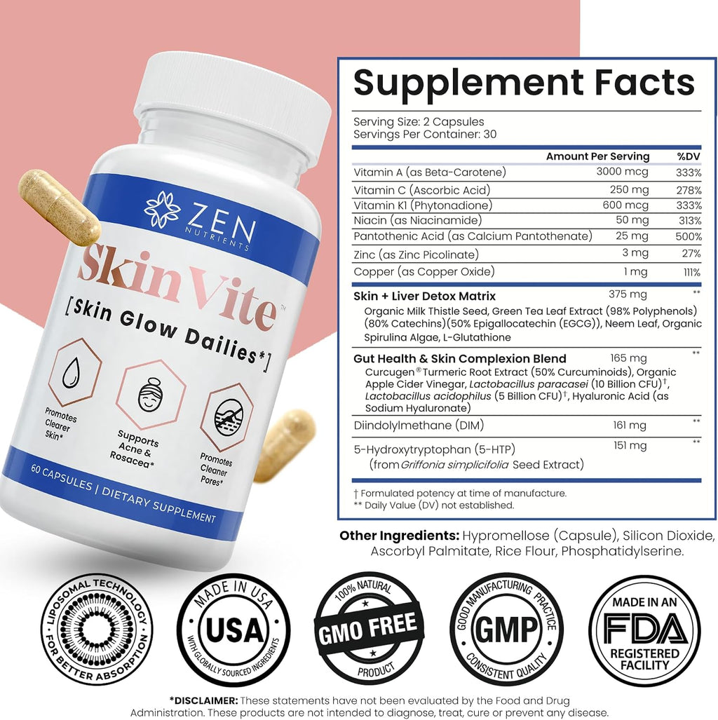 Zen Nutrients SkinVite: Suplemento Natural para la Piel, Acné y Apoyo Digestivo