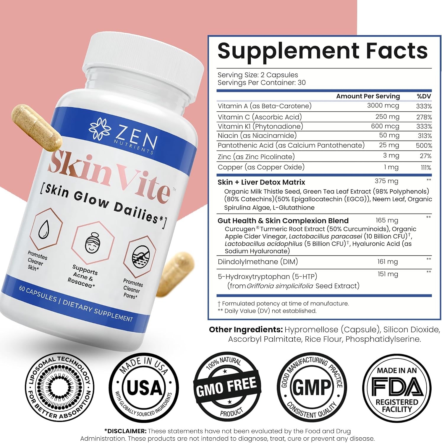 Zen Nutrients SkinVite: Suplemento Natural para la Piel, Acné y Apoyo Digestivo