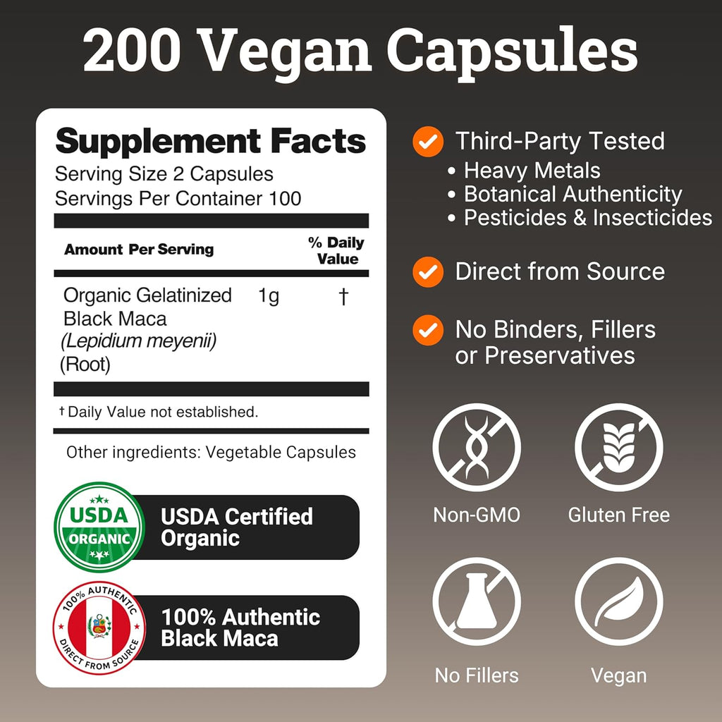 Maca Negra Gelatinizada Ecológica - 200 Cápsulas, 1000mg