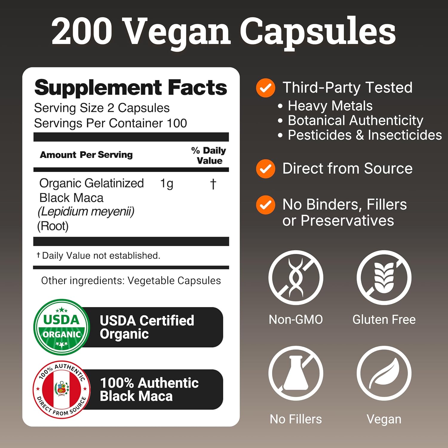Maca Negra Gelatinizada Ecológica - 200 Cápsulas, 1000mg