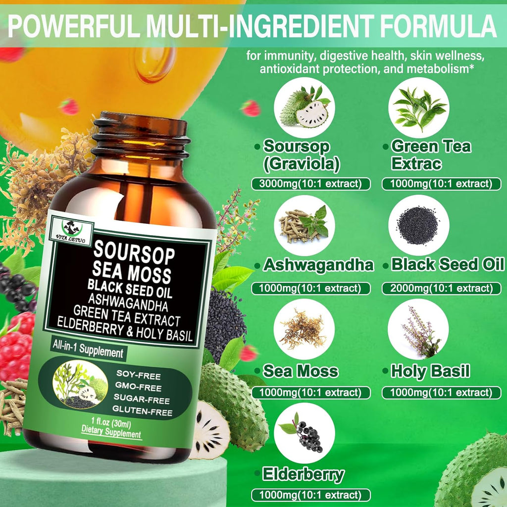 Vita letuo Soursop Drops - Suplemento Líquido Multivitamínico y Mineral con Soursop, Sea Moss, Black Seed Oil, Ashwagandha y Más (30 Dosis)