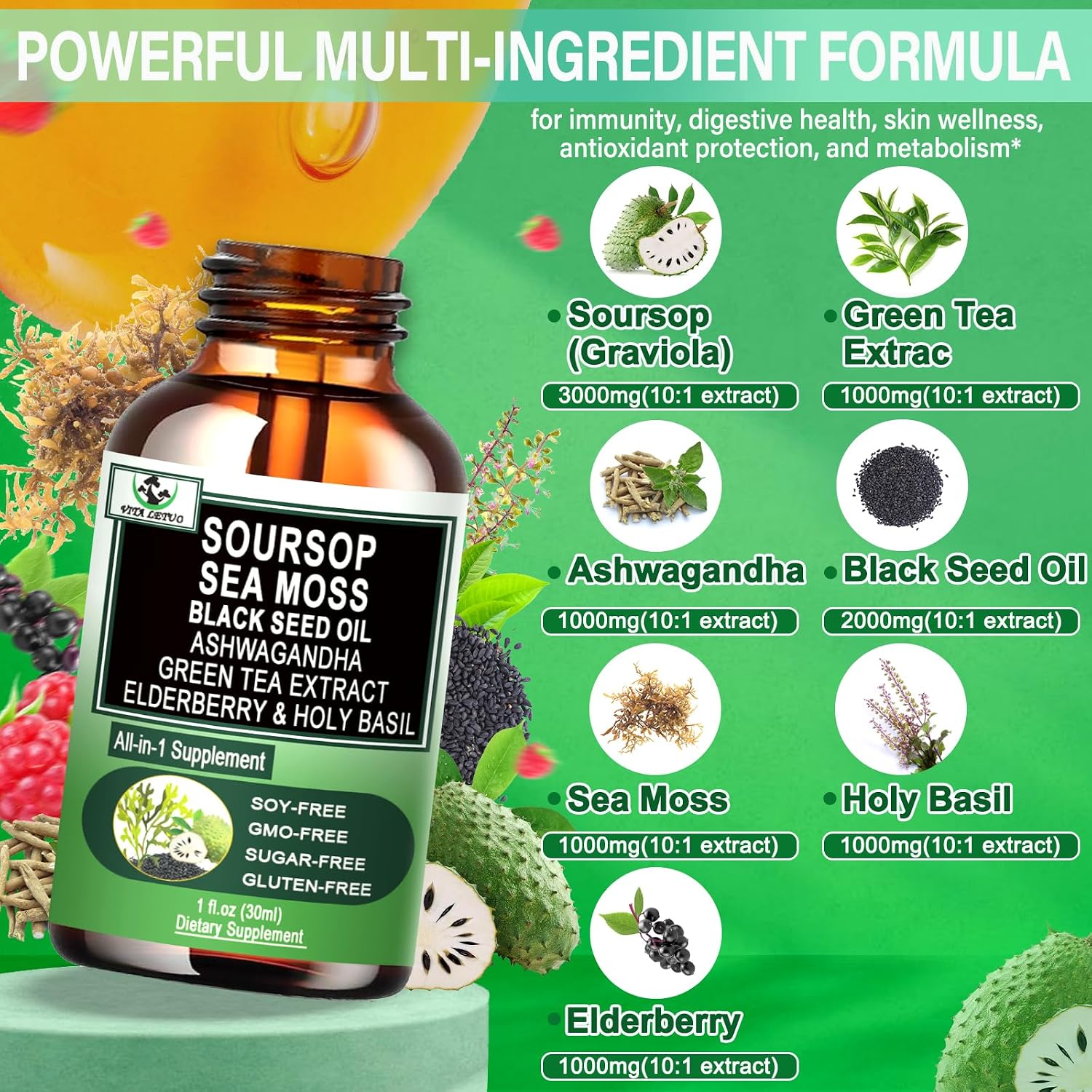 Vita letuo Soursop Drops - Suplemento Líquido Multivitamínico y Mineral con Soursop, Sea Moss, Black Seed Oil, Ashwagandha y Más (30 Dosis)