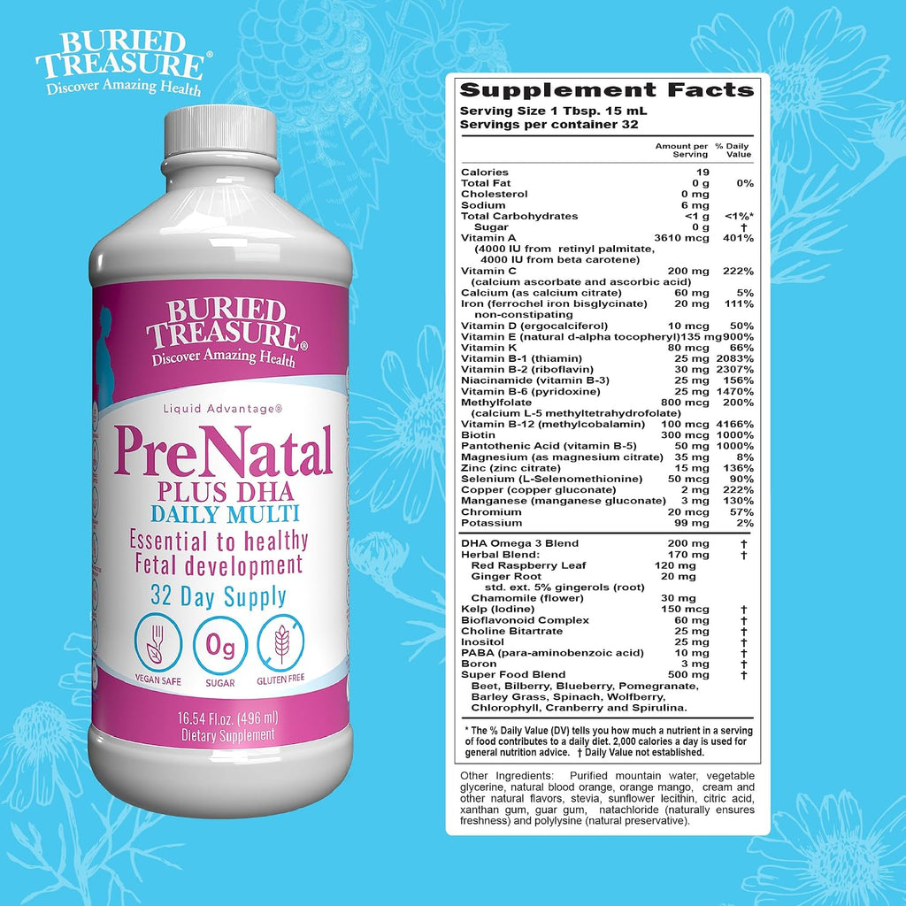 Buried Treasure Prenatal Plus DHA Complete - Liquid Prenatal Supplement with DHA and Iron