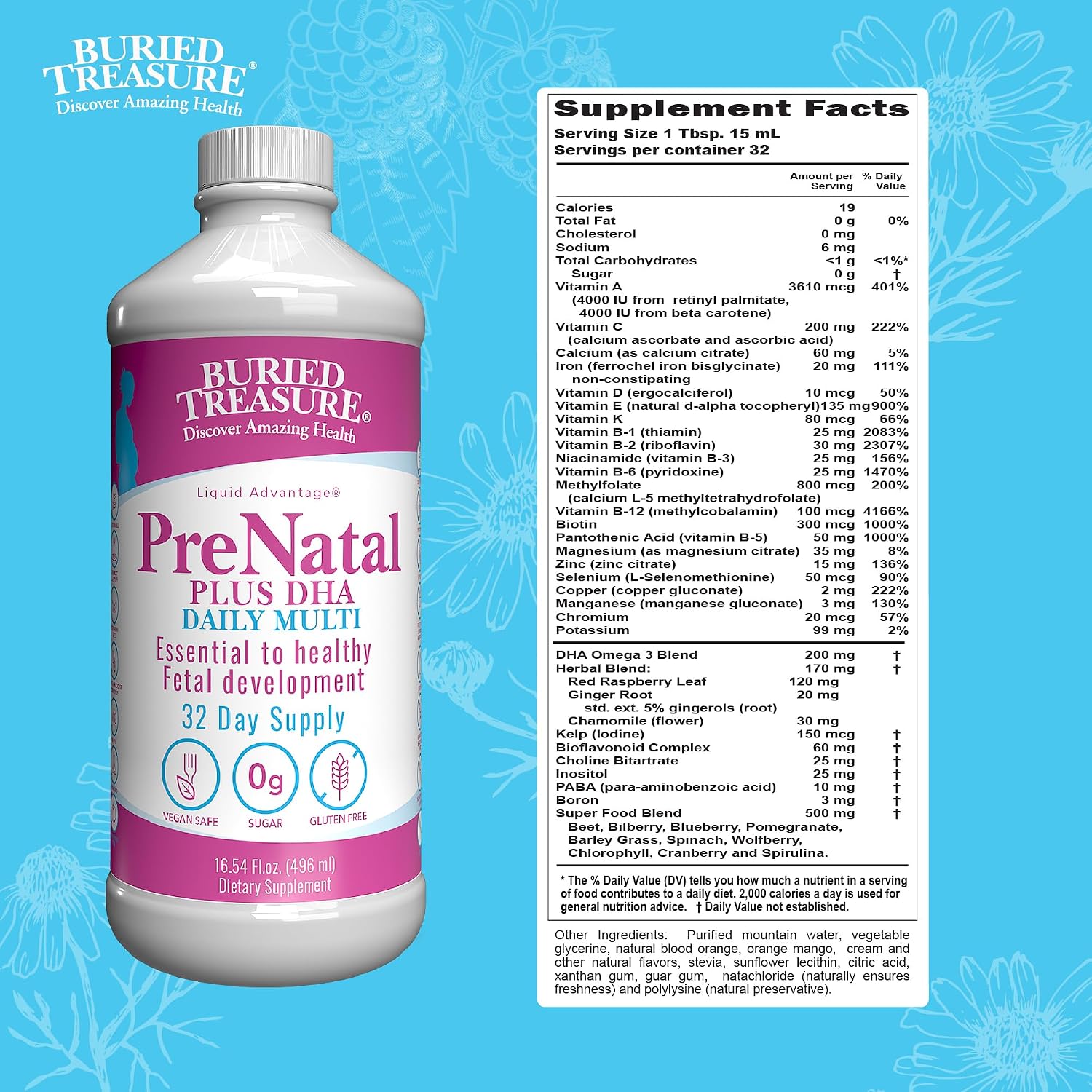 Buried Treasure Prenatal Plus DHA Complete - Liquid Prenatal Supplement with DHA and Iron