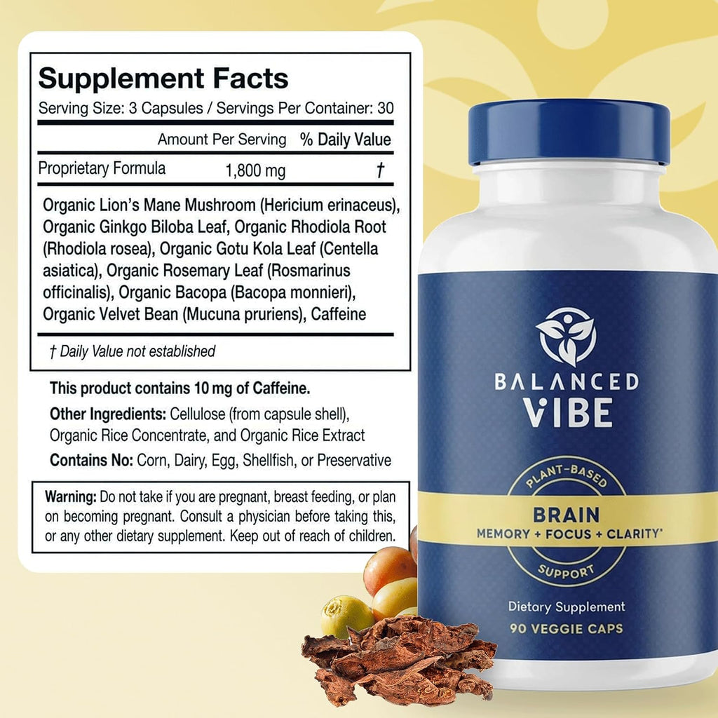 Balanced Vibe Brain Supplement 8 in 1 con Lion's Mane, Bacopa, Rhodiola, Ginkgo para Memoria, Enfoque y Claridad Mental, Sin Estimulantes, Vegano, 90 Cápsulas