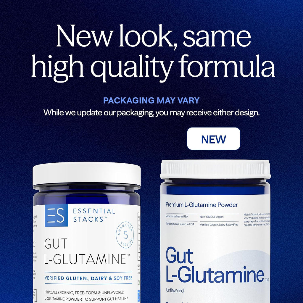 Essential Stacks Gut L-Glutamine Powder - Polvo de L-Glutamina Pura para la Salud Intestinal (60 Dosis, Sin Sabor)