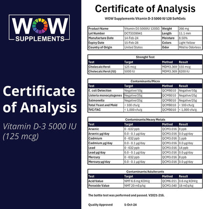 WOW Supplements Vitamina D3 5000 UI (125 – El mantenimiento de los huesos en condiciones normales. – Image 8