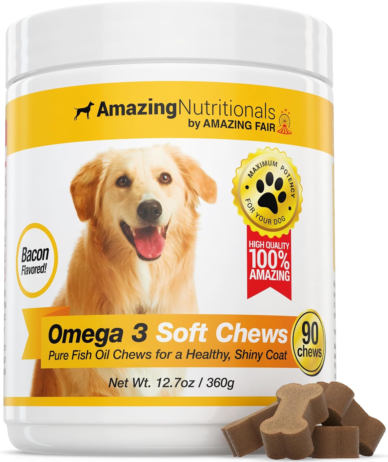 Amazing Omega 3 para Perros - 120 Masticables de Salmón - Apoyo para Piel, Pelaje y Articulaciones