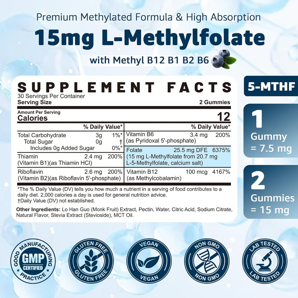 Gominolas de L-Metilfolato 15 mg y Metil B12 - Complejo B Metilado, 120 unidades