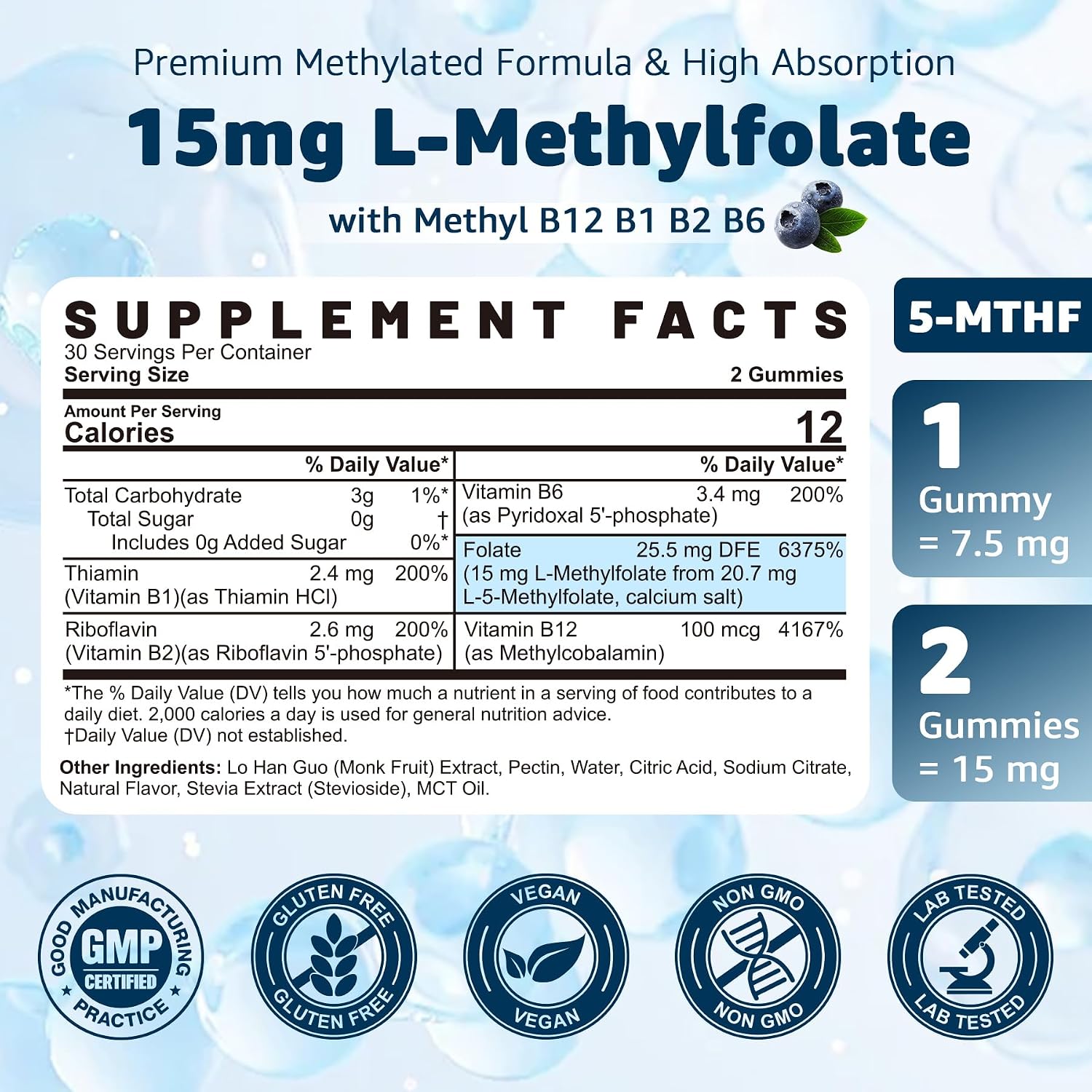 Gominolas de L-Metilfolato 15 mg y Metil B12 - Complejo B Metilado, 120 unidades