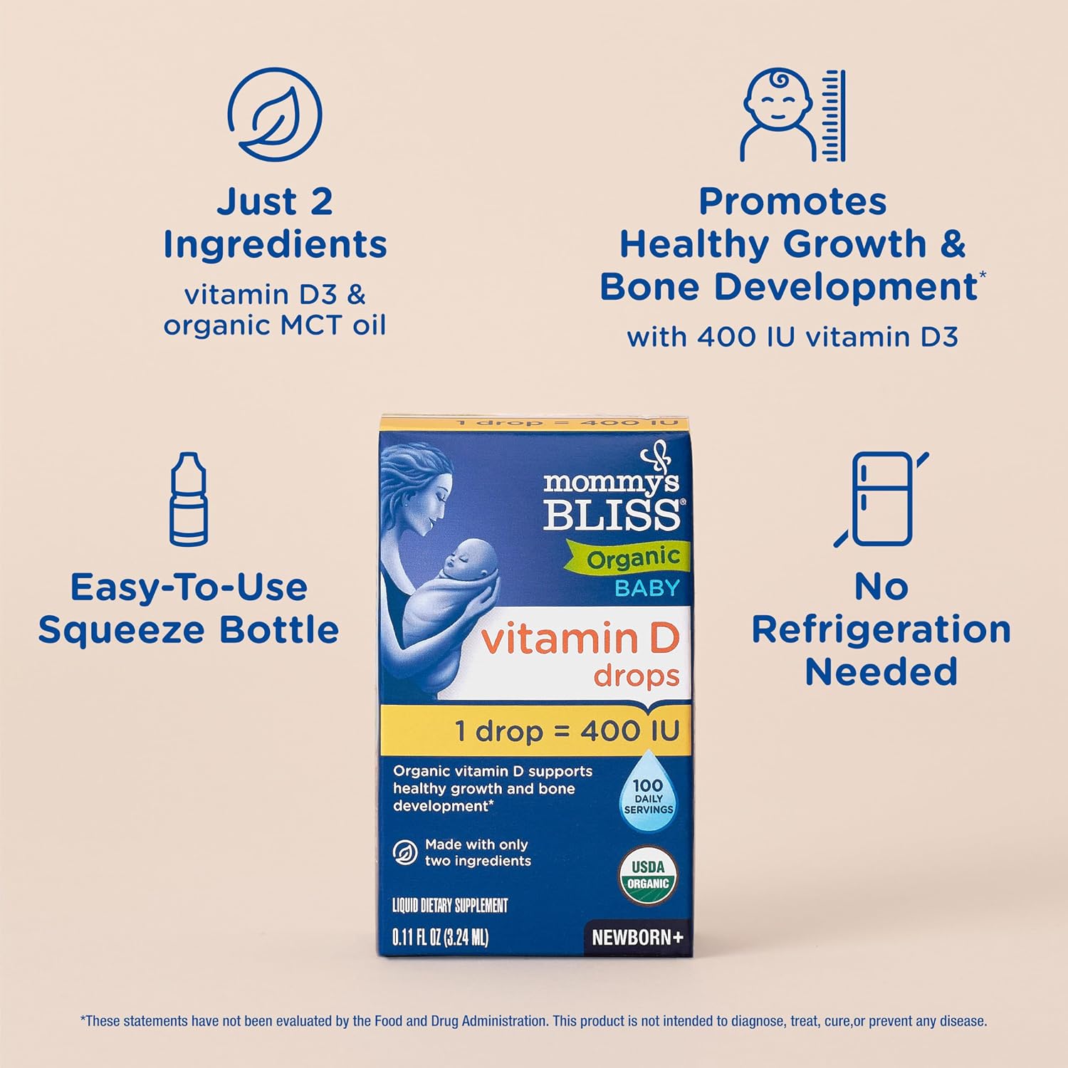 Mommy's Bliss Gotas Orgánicas de Vitamina D para Bebés, 400 UI, 90 gotas