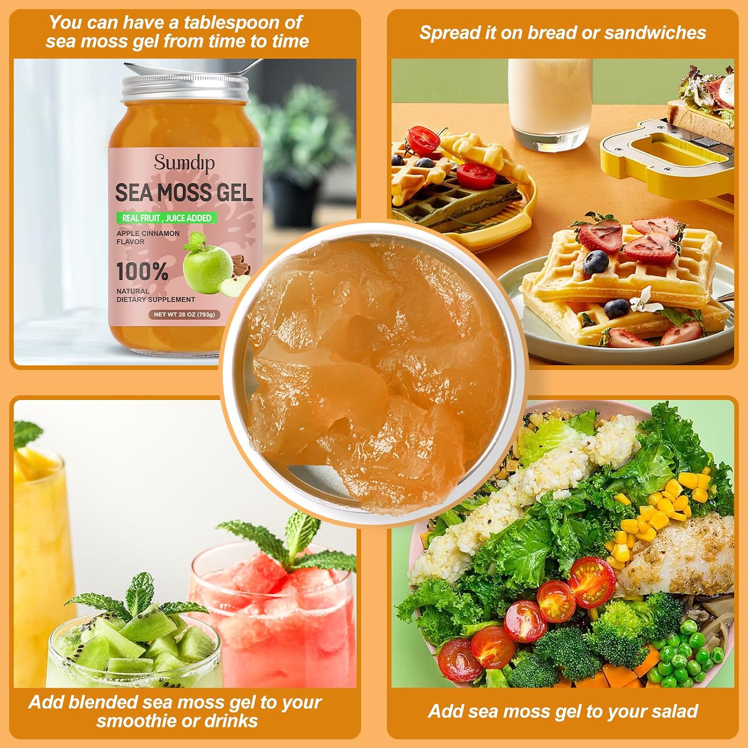 SumDIP Gel de Musgo Marino (28 oz) - Vegano, Irlandés, Apoyo Inmunológico y Digestivo, Sabor Manzana Canela