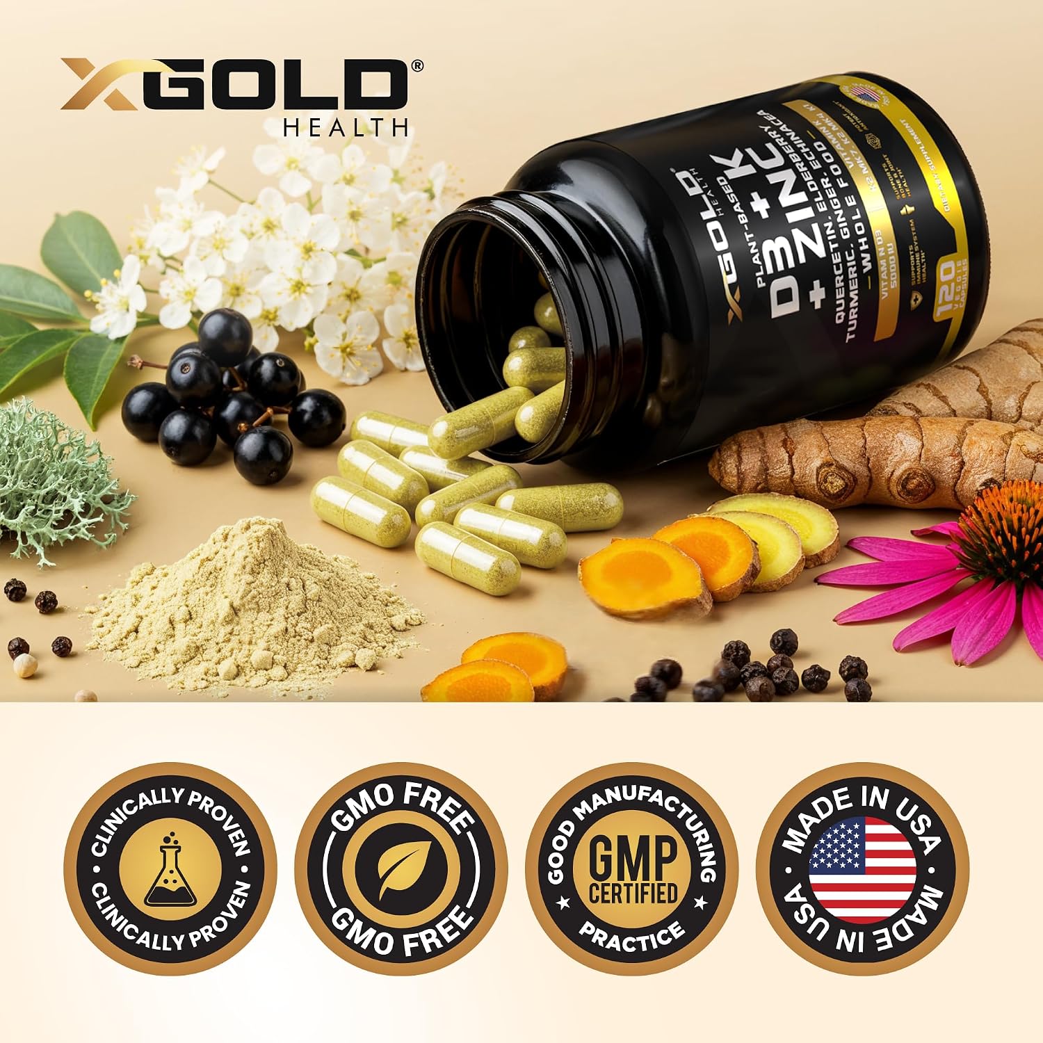 X Gold Health Complejo 8 en 1 con Vitamina D3, K2, K1, Zinc, Quercetina, Saúco, Cúrcuma, Jengibre y Equinácea - 120 Cápsulas Veganas