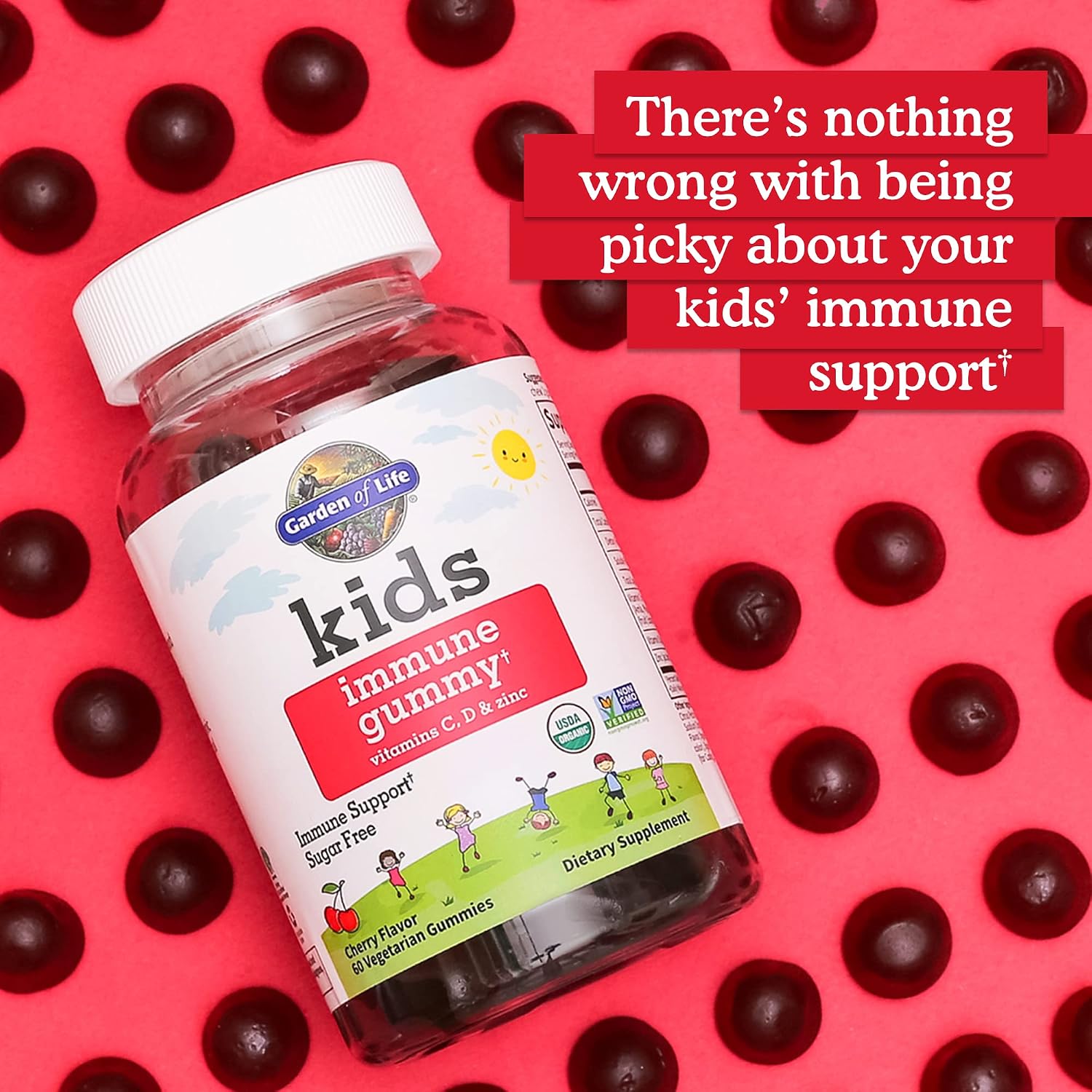 Garden of Life Kids Immune Support Gummies - Apoyo Inmunitario Infantil con Vitamina C, D3 y Zinc, Orgánico, Sin Gluten, Sin Azúcar, Sabor Cereza, 30 Días