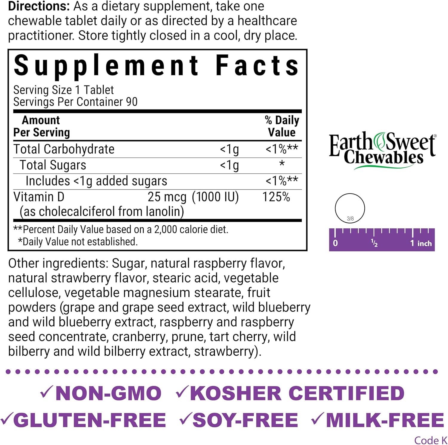 Bluebonnet EarthSweet Vitamina D3 1000 UI - 90 Comprimidos Masticables Sabor Frambuesa