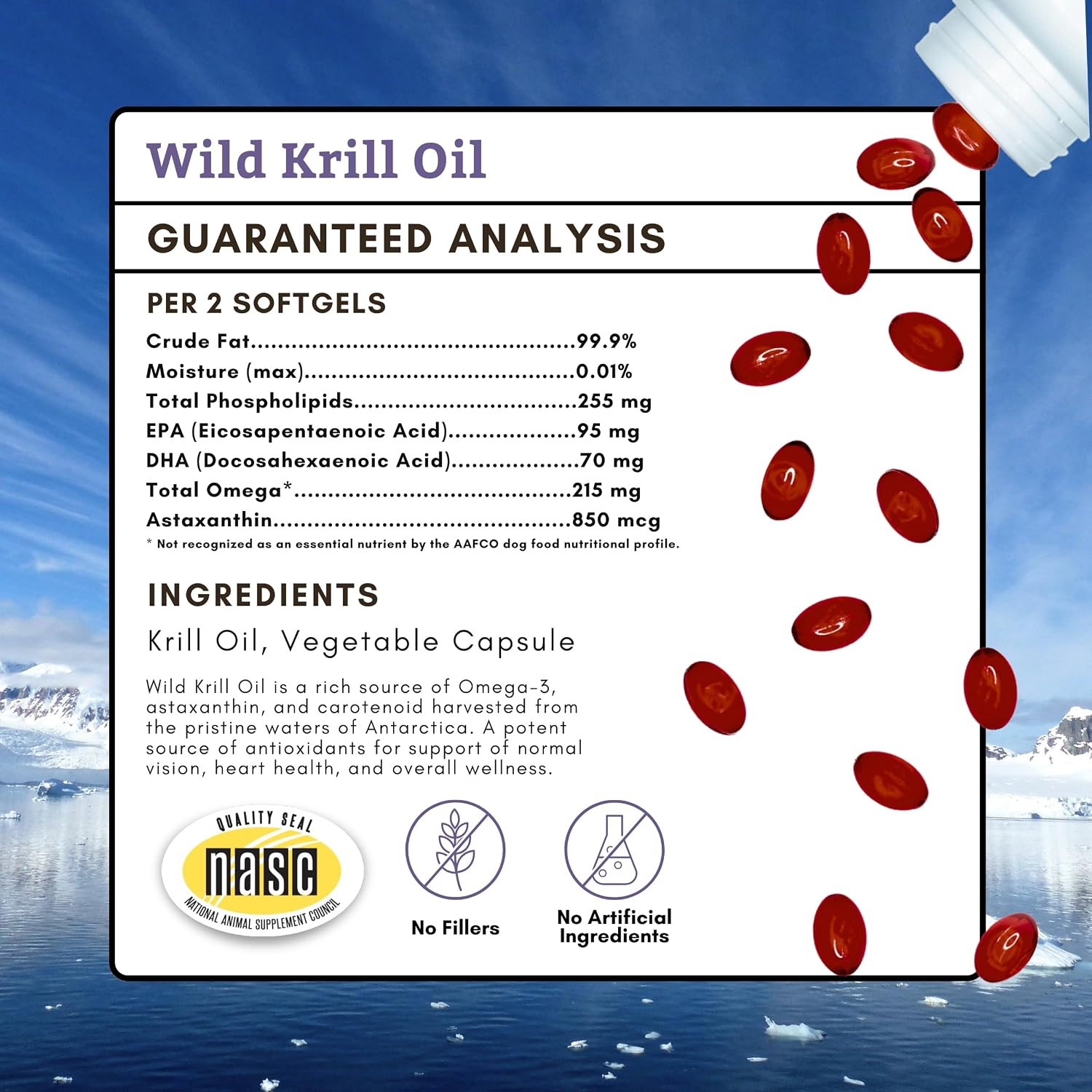 Wholistic Pet Organics Krill Oil para Perros y Gatos - Suplemento Antioxidante Premium - 60 Cápsulas Blandas