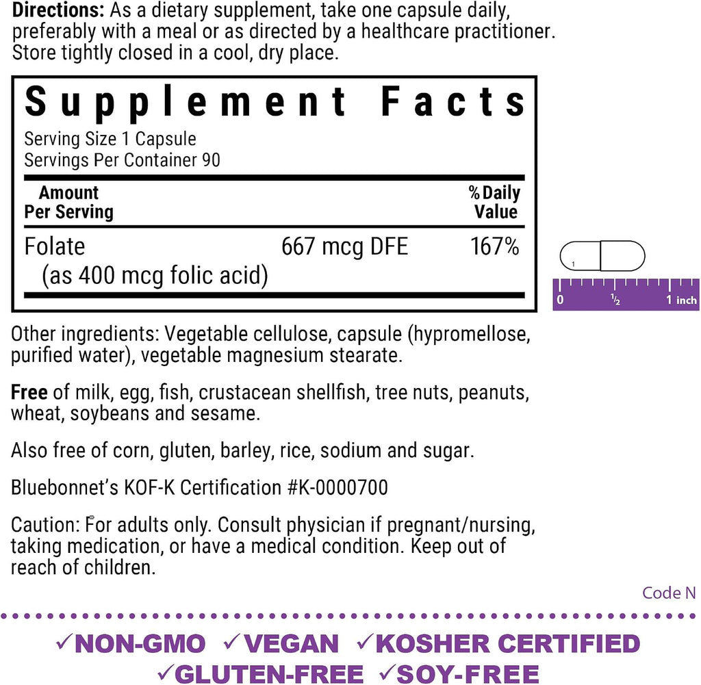 Bluebonnet Nutrition Folic Acid 400 mcg, Prenatal and Postnatal Health, Non-GMO, Vegan, Kosher Certified, Gluten-Free, Soy-Free, Dairy-Free, 90 Vegetable Capsules