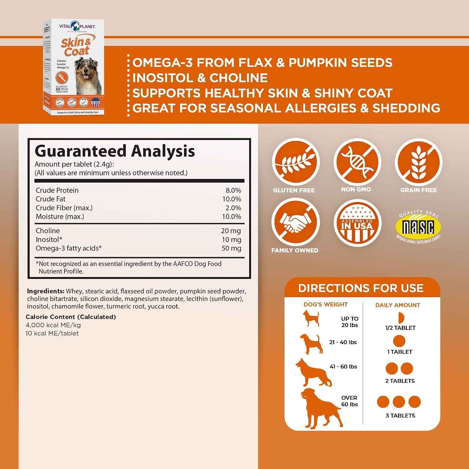 Vital Planet Skin & Coat – Suplemento para la Piel y el Pelo del Perro con Omega-3, Inositol y Colina – 60 Comprimidos Masticables