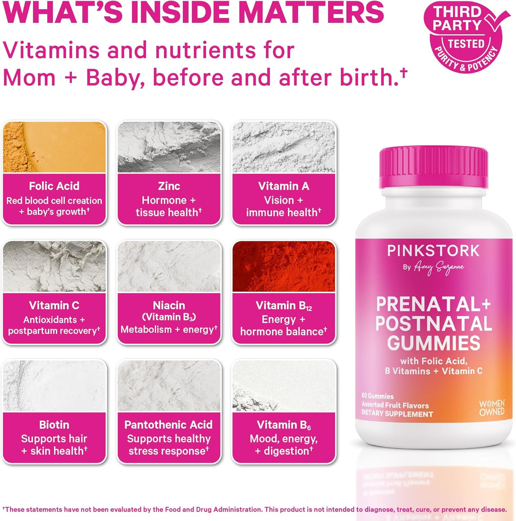 Pink Stork Gominolas de Fertilidad, Prenatales y Postnatales - 60 Gominolas