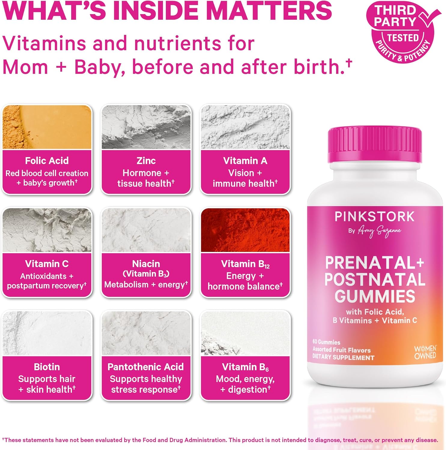 Pink Stork Gominolas de Fertilidad, Prenatales y Postnatales - 60 Gominolas