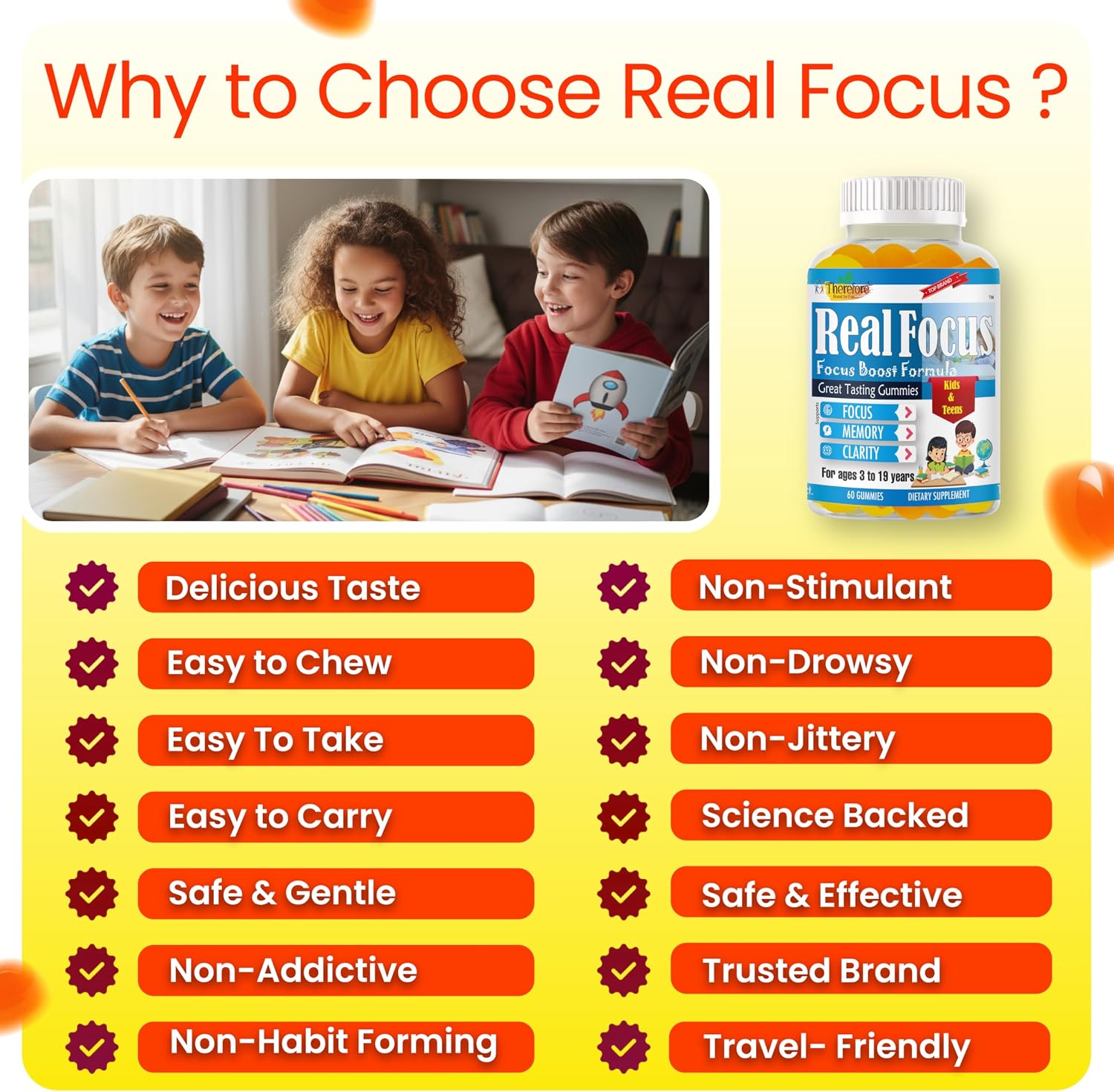 Real Focus Omega 3 for Kids - Gominolas de DHA con sabor a naranja - 60 unidades