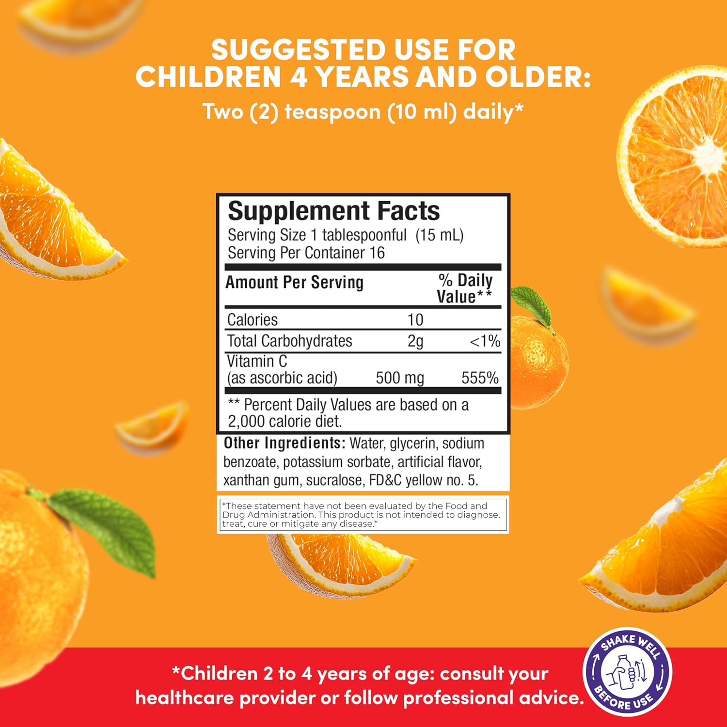GirafKids Liquid Vitamin C for Kids Ages 4+ | 8 Fl Oz, 500mg | No-Sugar Formula with Safe, Premium Ingredients | Delicious Orange Flavor | Immune Support & Energy Boost