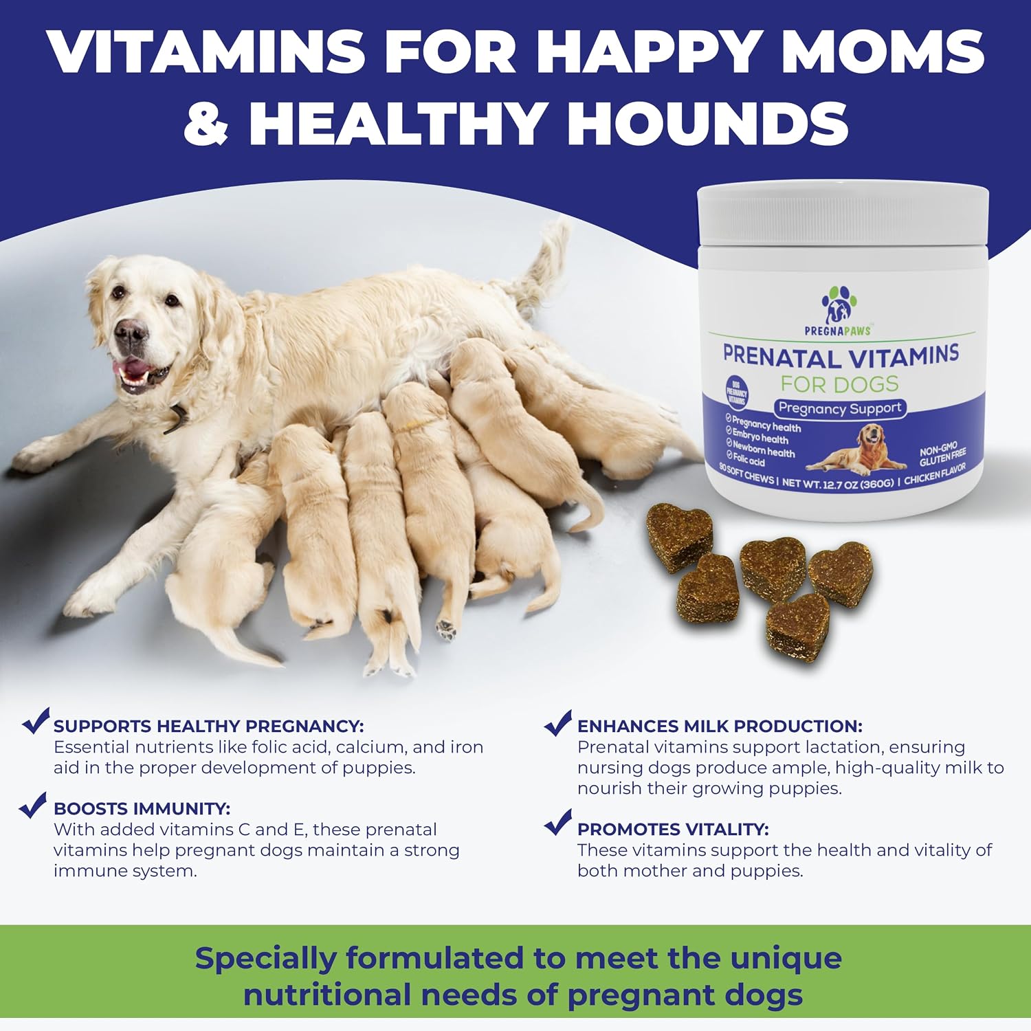 PREGNAPAWS Vitaminas Prenatales para Perros - 90 Masticables Blandos