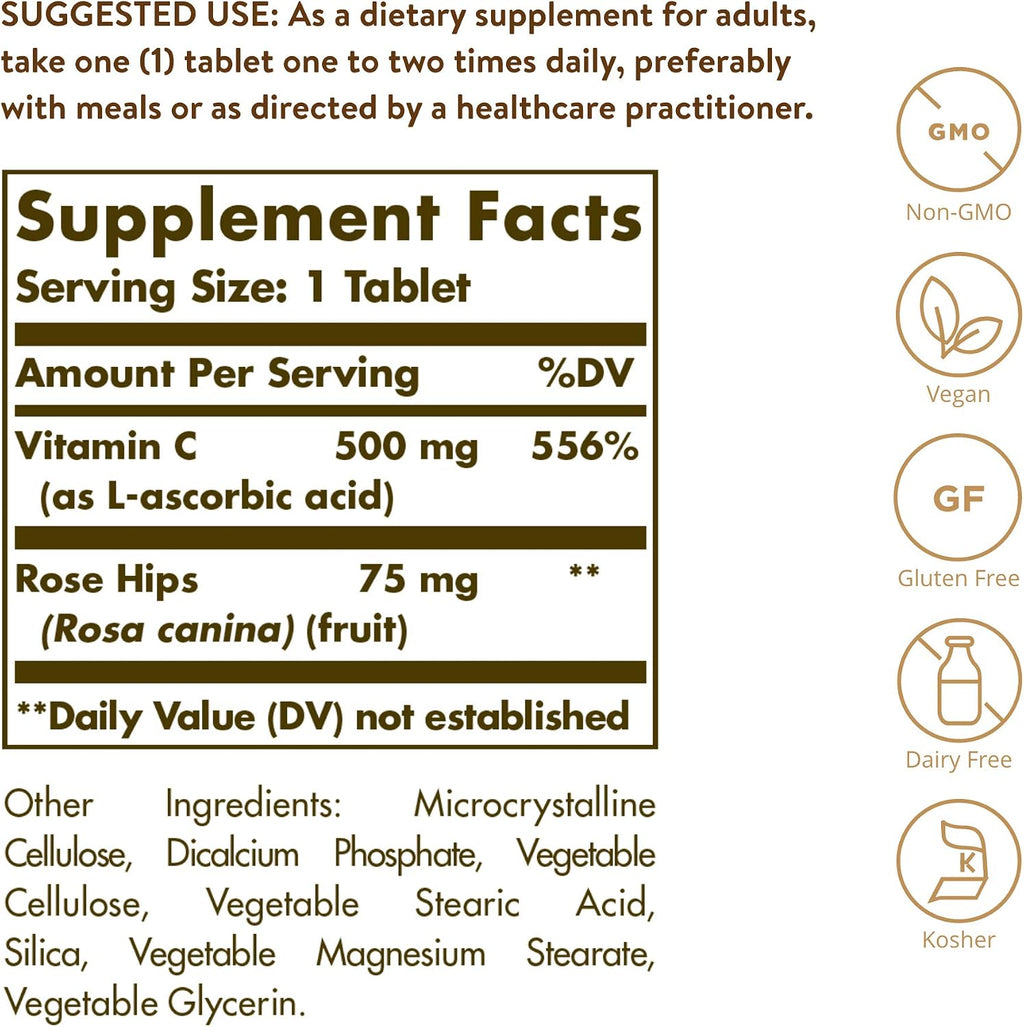 Solgar Vitamina C 500 mg con Rosa Mosqueta, 250 Comprimidos