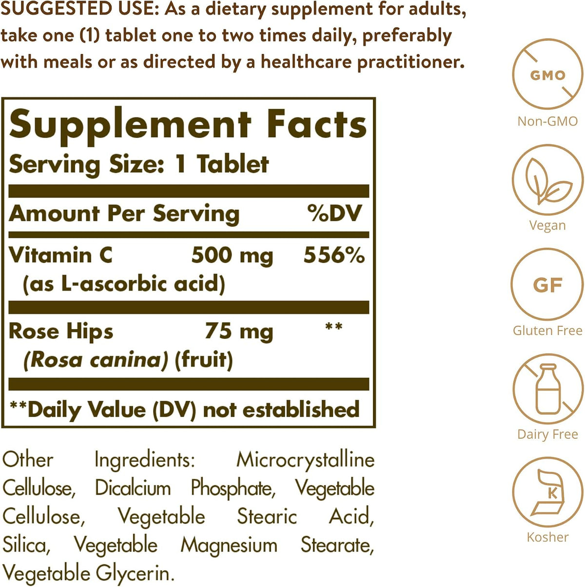 Solgar Vitamina C 500 mg con Rosa Mosqueta, 250 Comprimidos – Image 2