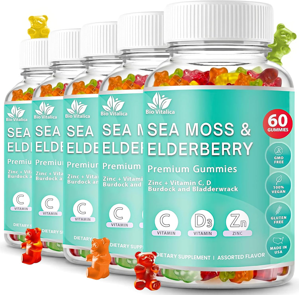 BIO VITALICA Gominolas de Irish Sea Moss y Elderberry - Veganas con Vitamina C, D y Zinc - 4 Paquetes