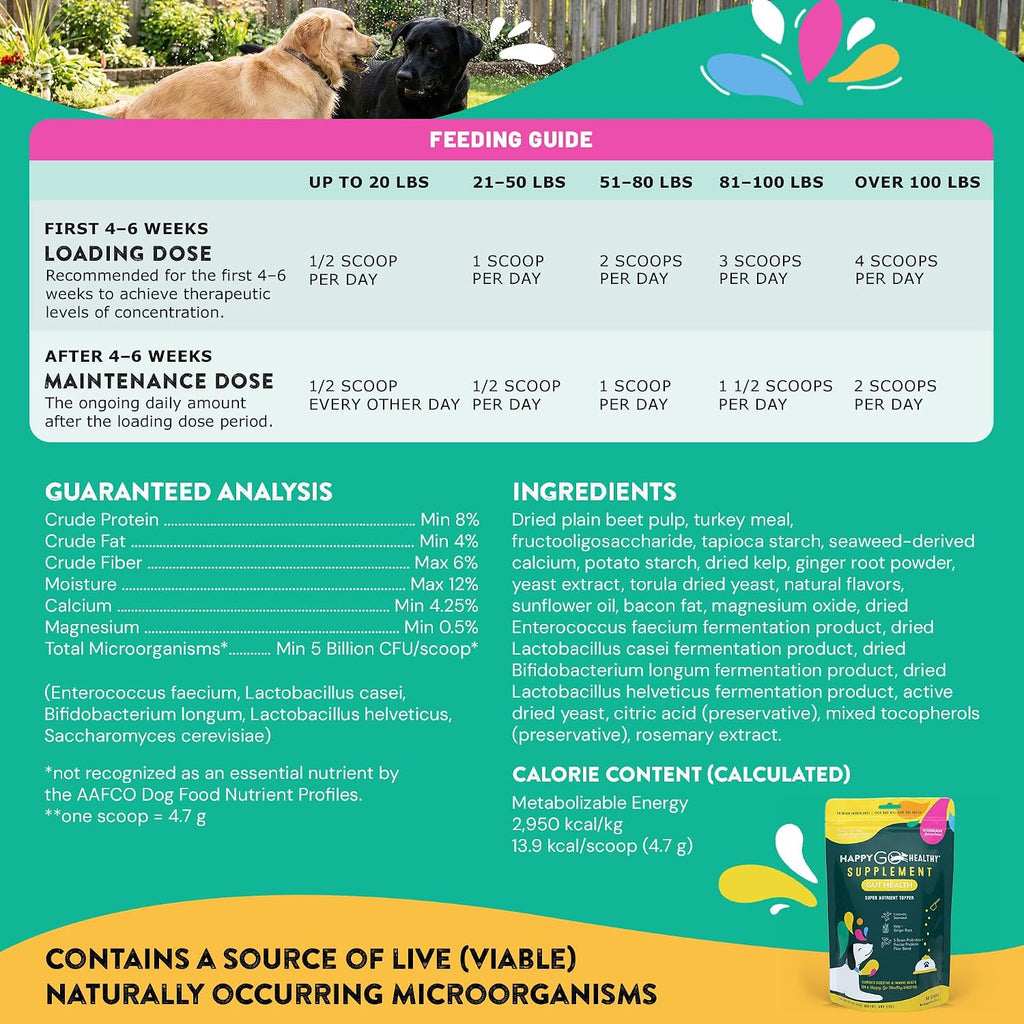 Happy Go Healthy Probióticos para Perros - Salud Digestiva e Inmunidad - Topper de Kibble Natural - 60 Comprimidos