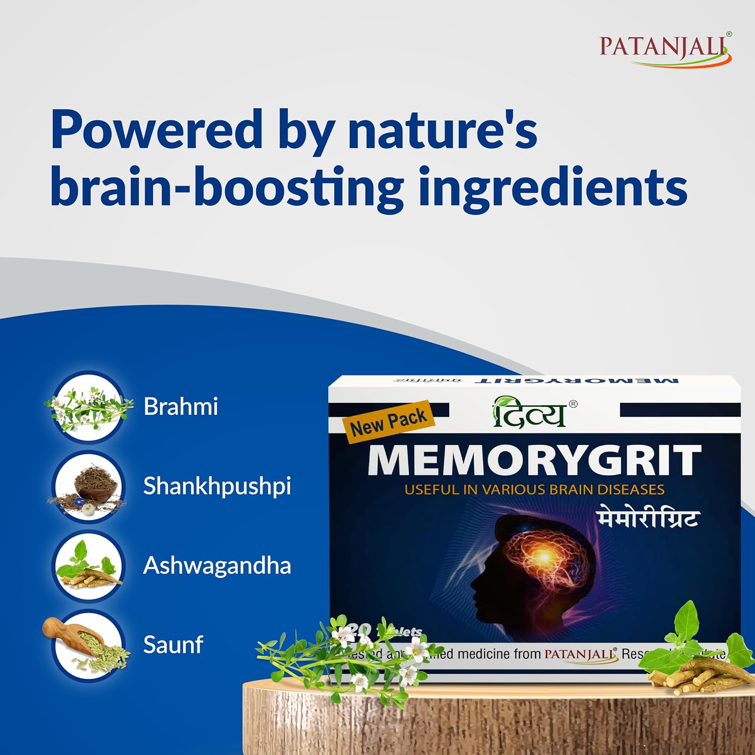 Patanjali Divya Memorygrit 20 Comprimidos - Suplemento Ayurvédico para la Memoria, Enfoque y Salud Cerebral